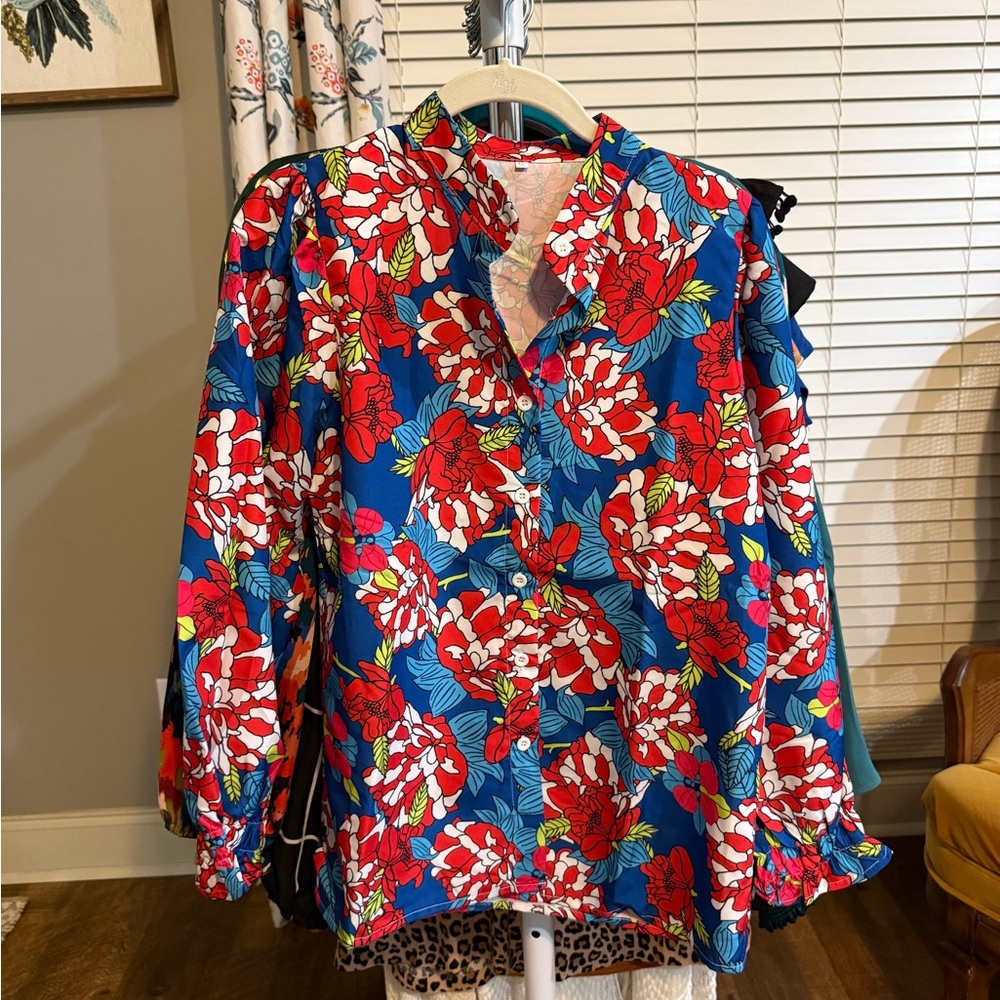 Floral Blue and Red Blouse